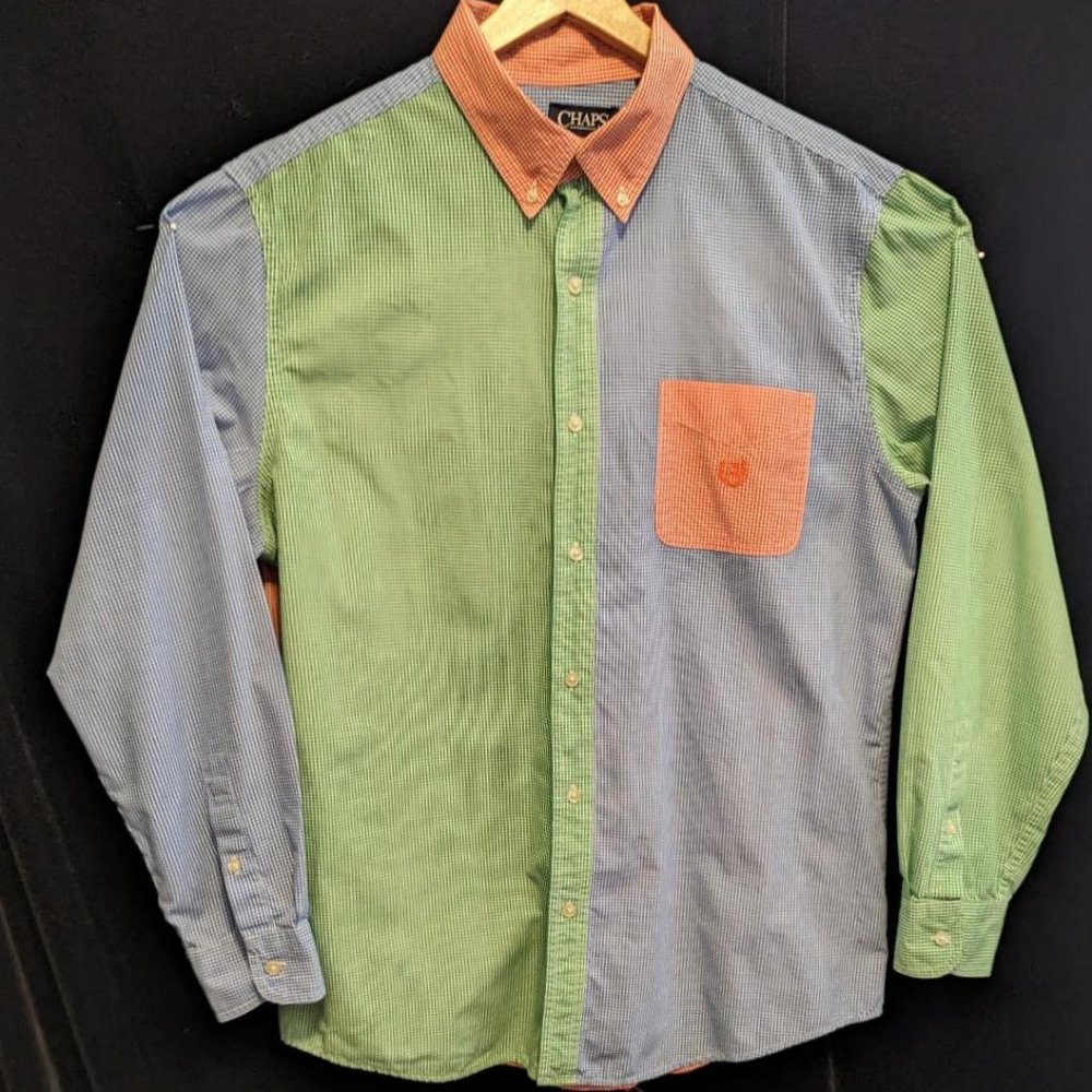 Chaps Colorblock Gingham Preppy Patchwork Button … - image 1